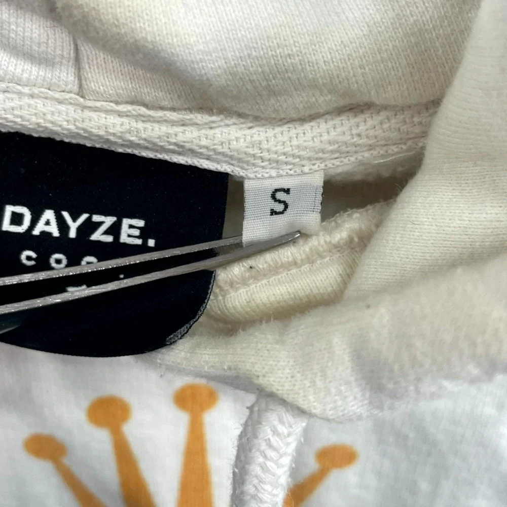 Dayze Cool Hoodie Mens Small Cream Graphic‎ Print Durex Crown Logo Fleece Lined